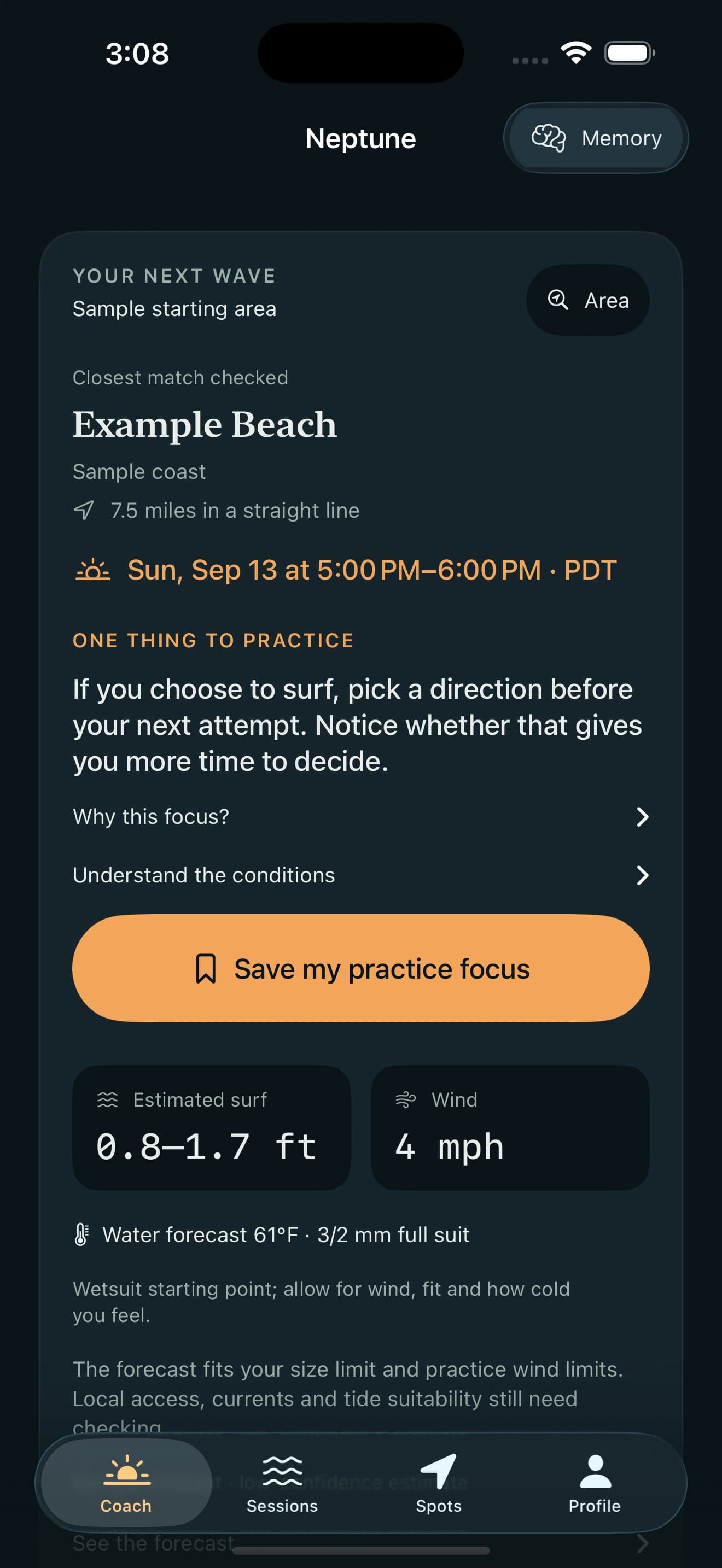 Neptune’s TestFlight preview showing a sample practice location, time window, and saved-focus action