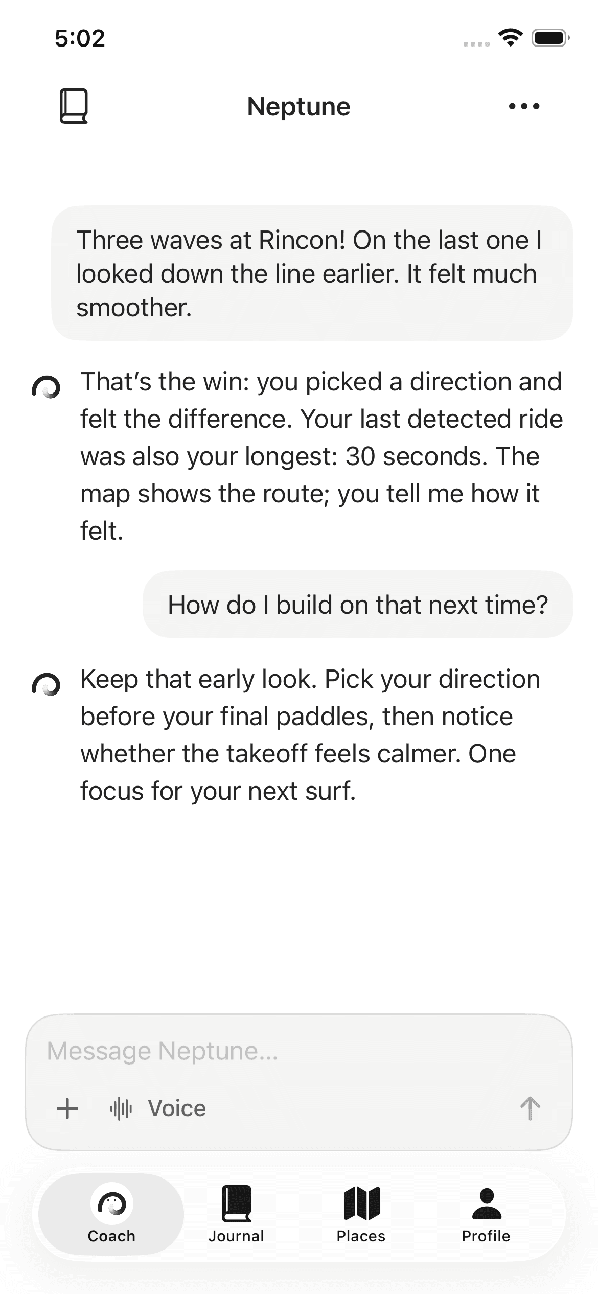 Neptune and the surfer discuss that same three-wave Rincon session: looking down the line earlier felt smoother, and Neptune suggests repeating that focus next surf.