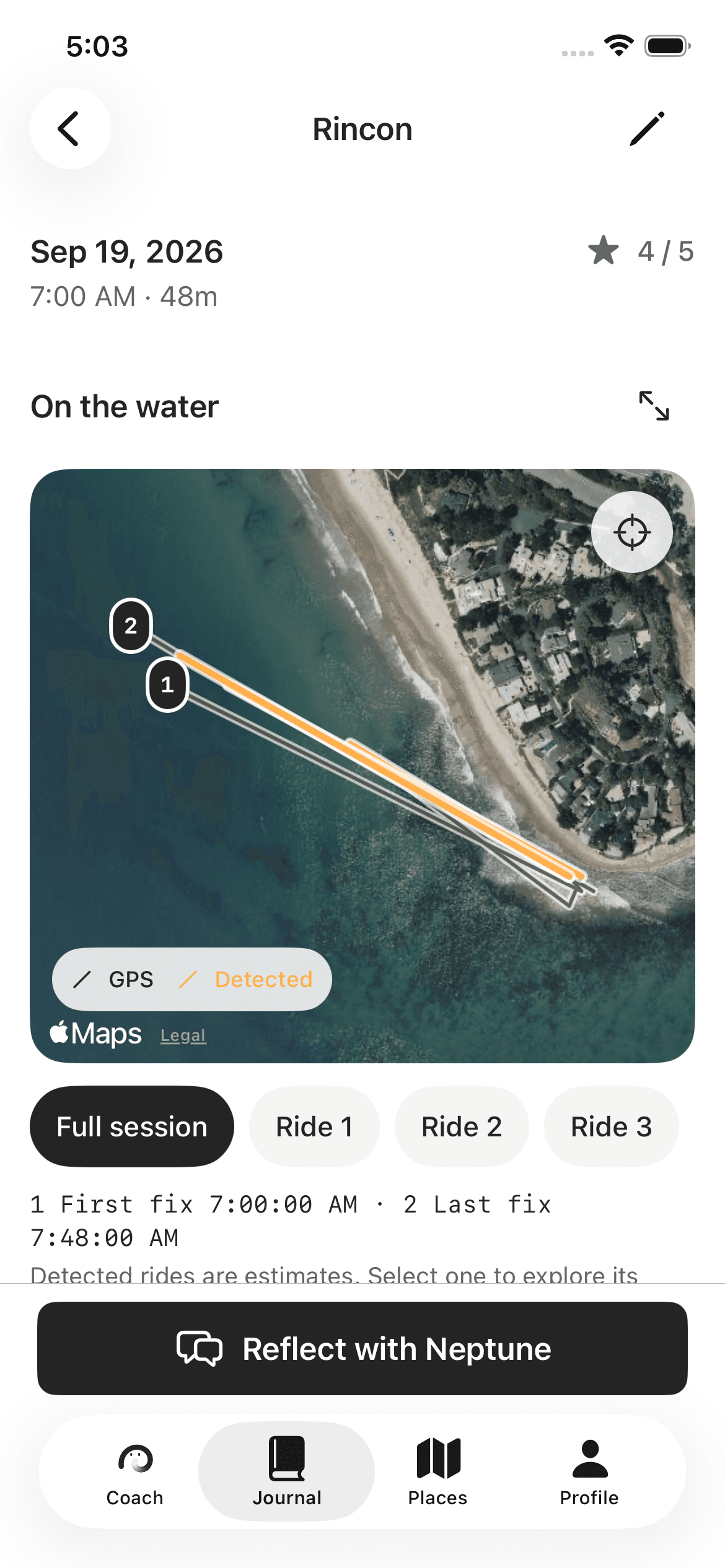 Neptune sample session at Rincon: the full recorded GPS route, three highlighted estimated rides, start and finish markers, and ride-by-ride controls.