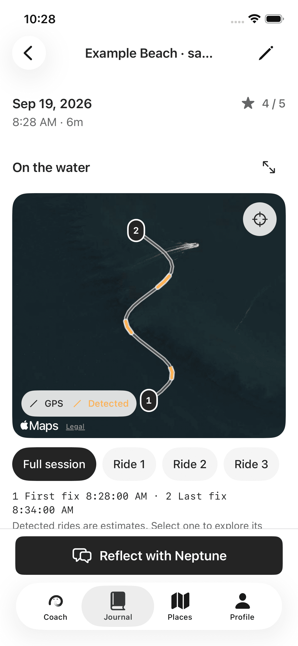 Neptune Journal showing a sample Apple Watch session route, detected rides, and Reflect with Neptune.