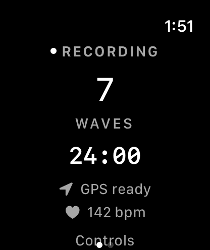 Neptune recording a sample surf session on Apple Watch, with elapsed time, estimated waves, and heart rate.