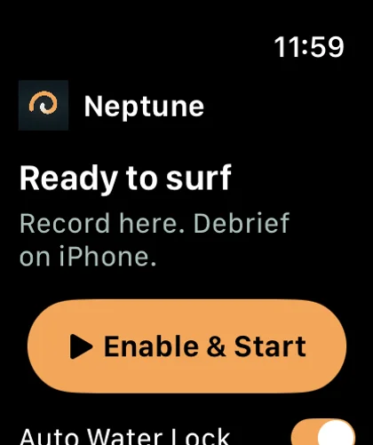 The Neptune Apple Watch app, ready to record a surf session