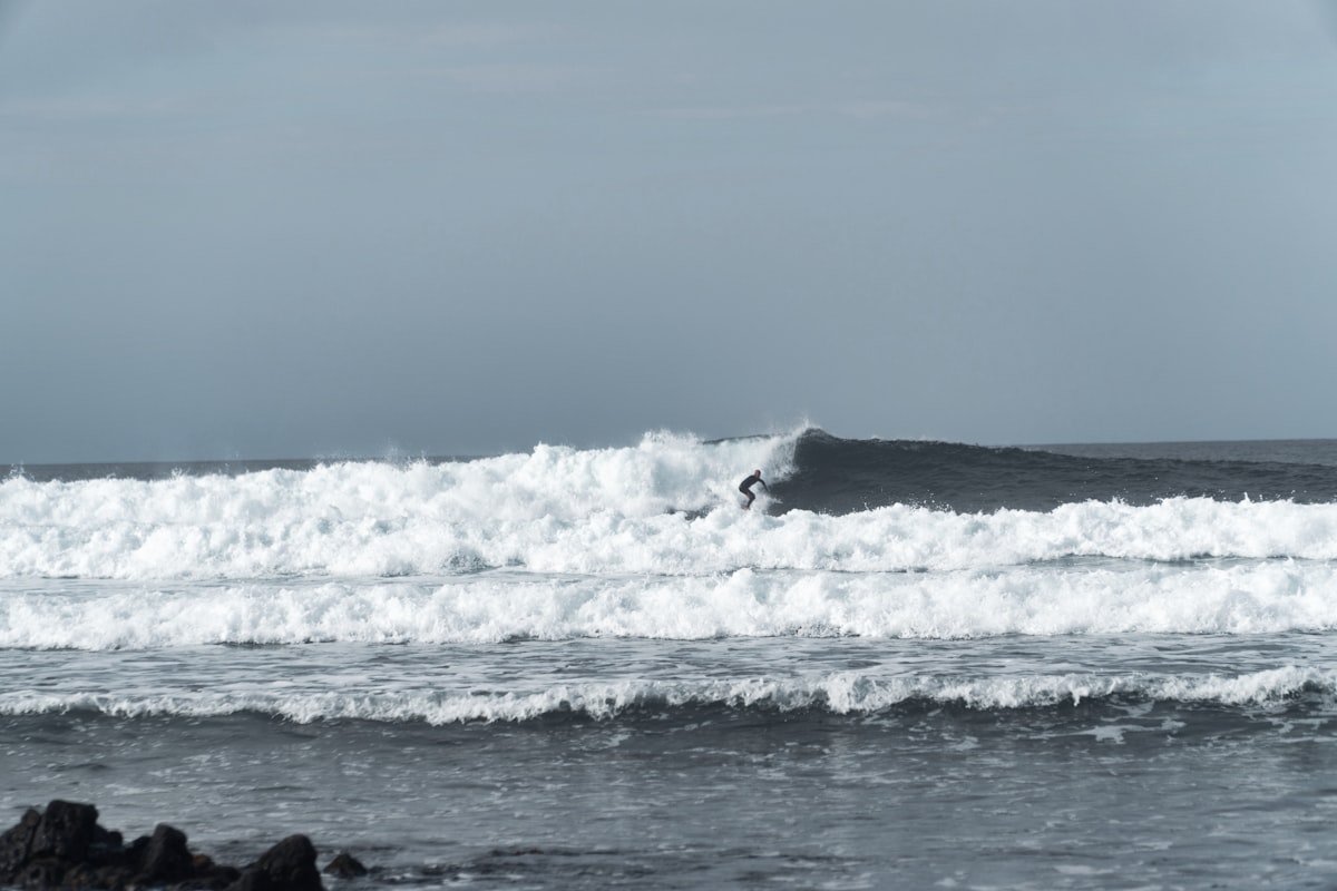 A surfer riding the open face of a long, clean wave with spray rising behind the board