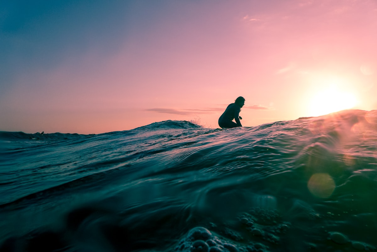 A surfer sitting on their board in the lineup, silhouetted against a pink-and-orange sunset